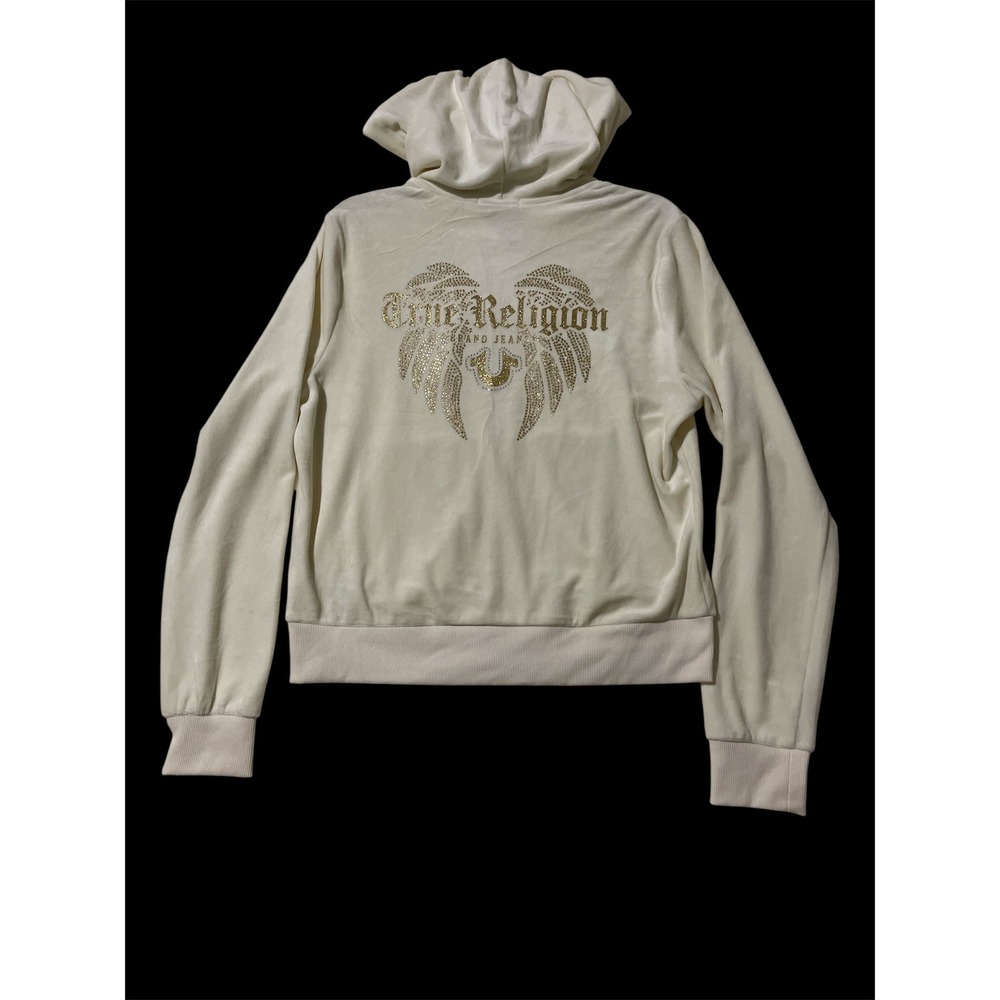 True Religion Womens Winter White Velour Rhinestone Wing Zip Up Hoodie Large New